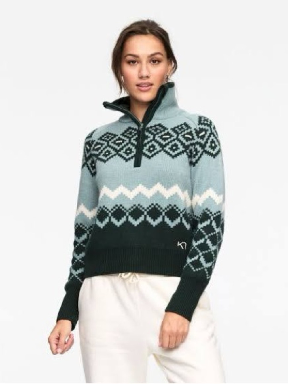 Kari Traa Light Blue, Dark Green & White Patterned Half-Zip Sweater